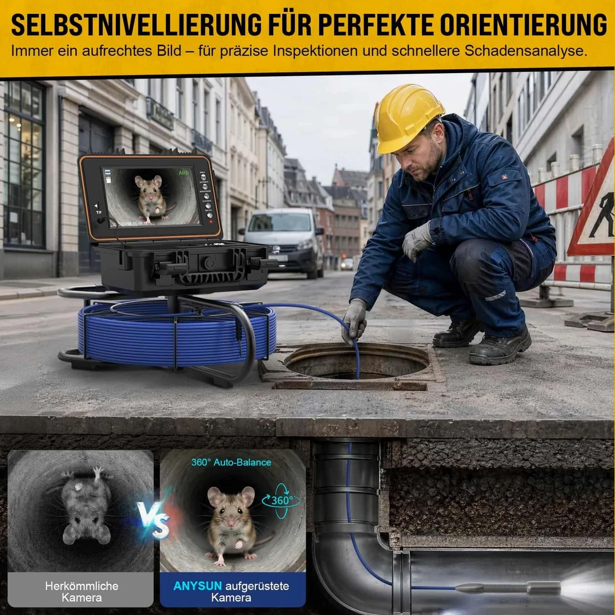 ANYSUN L09D2 Kanalkamera, selbstnivellierend, HD-Display, 30m Reichweite 4