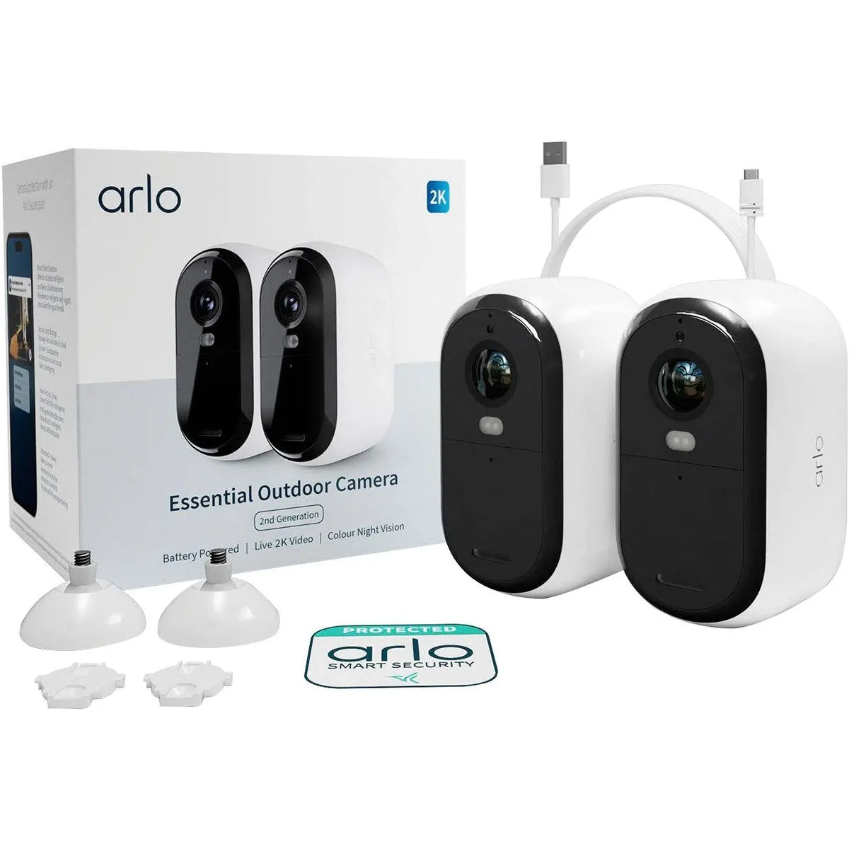 Arlo Essential 2K Outdoor Kamera, 2-Pack, kabellos, 2K-Live-Videos, Zwei-Wege-Audio