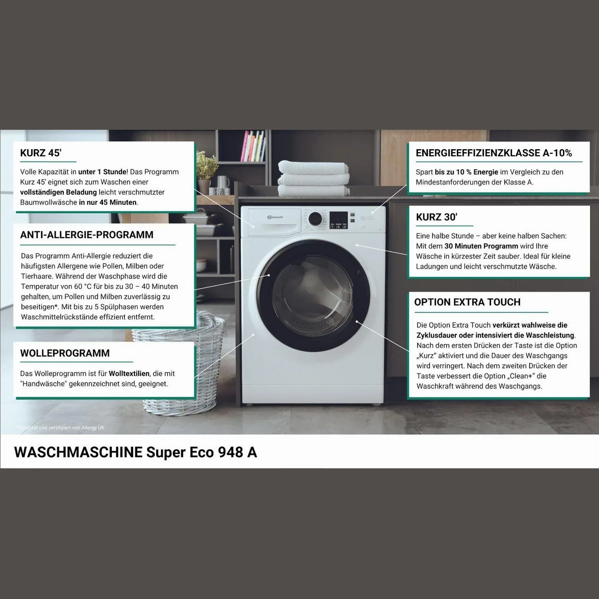 Bauknecht Waschmaschine Super Eco 948 A, 9 kg, 1400 U/min, energieeffizient und pflegeleicht 2