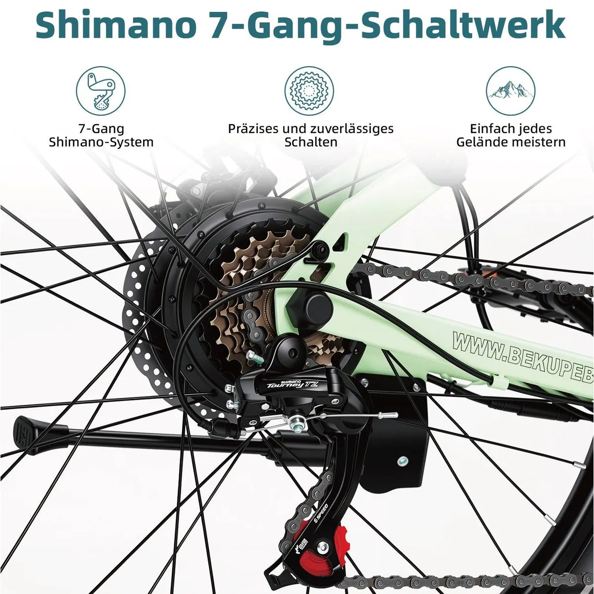 BEKUP E-Bike V1, 522 Wh Akku, 250 W Hinterradmotor, 7-Gang Shimano — für lange Touren und Stadtverkehr 4