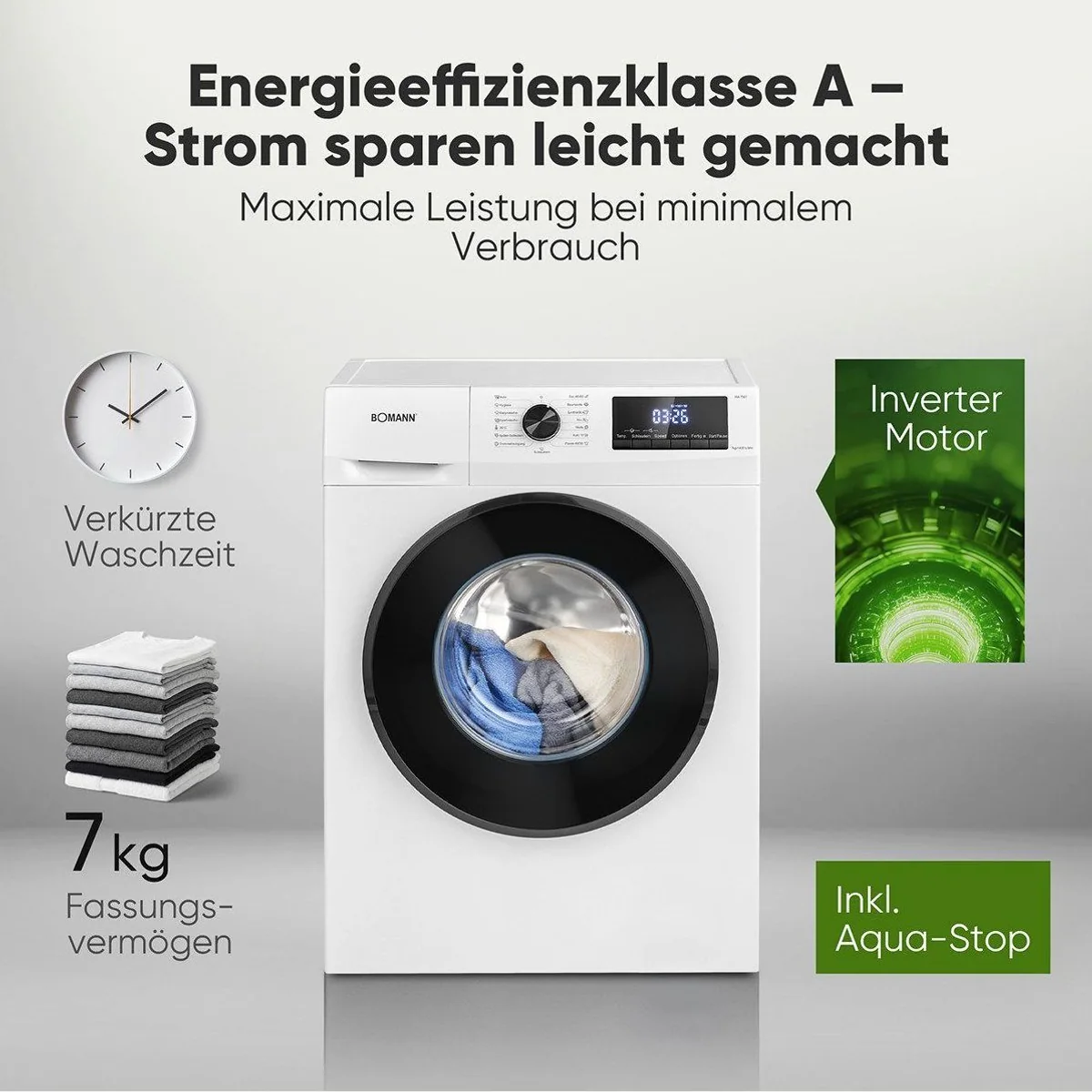 Bomann WA 7501 Waschmaschine, 7 kg, 1400 U/min, Invertermotor, 10 Jahre Motor-Garantie 2