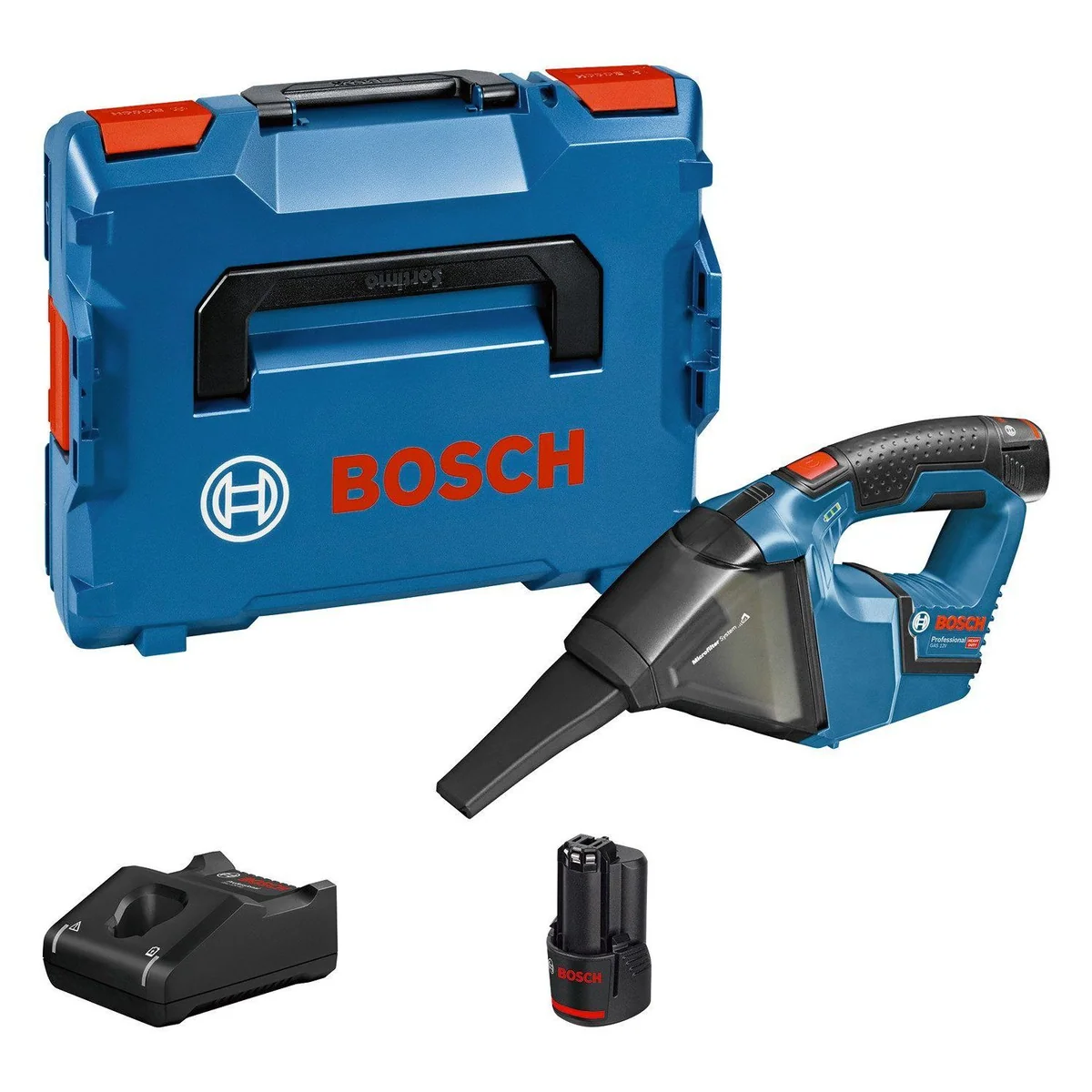 Bosch GAS 12V Akku-Bodenstaubsauger, kabellos, kompakt, inklusive 2 Akkus und Schnellladegerät