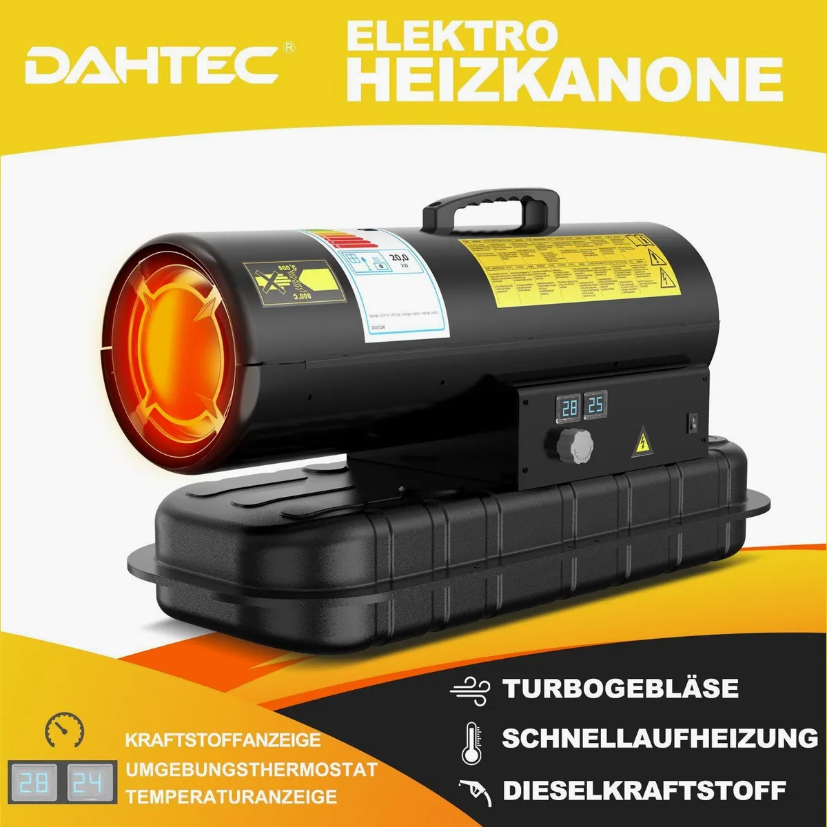 DAHTEC Heißluftgebläse BGO1601-20, 20 kW Leistung, 550 m³/h Luftstrom, integriertes Thermostat 3