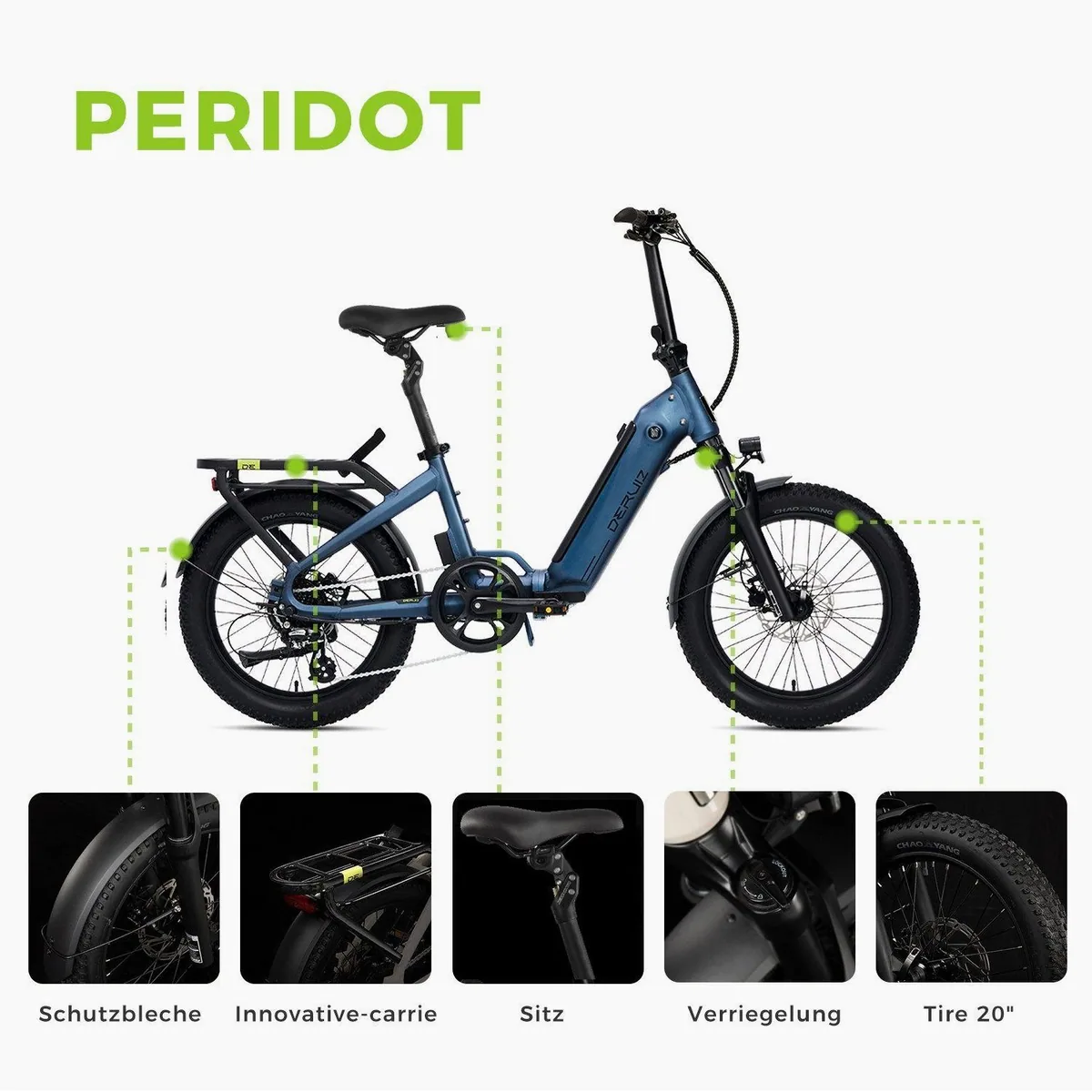 DERUIZ Peridot Klapprad, 20 Zoll, 143 km Reichweite, gefederte Sattelstütze, 8-Gang Shimano 4