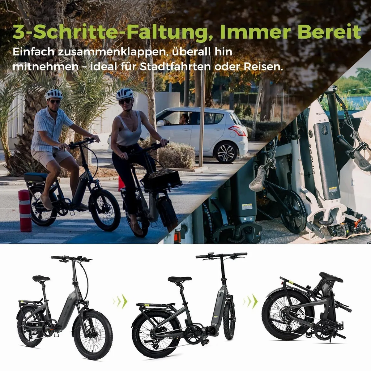DERUIZ Peridot Klapprad, 20 Zoll, 143 km Reichweite, gefederte Sattelstütze, 8-Gang Shimano 5