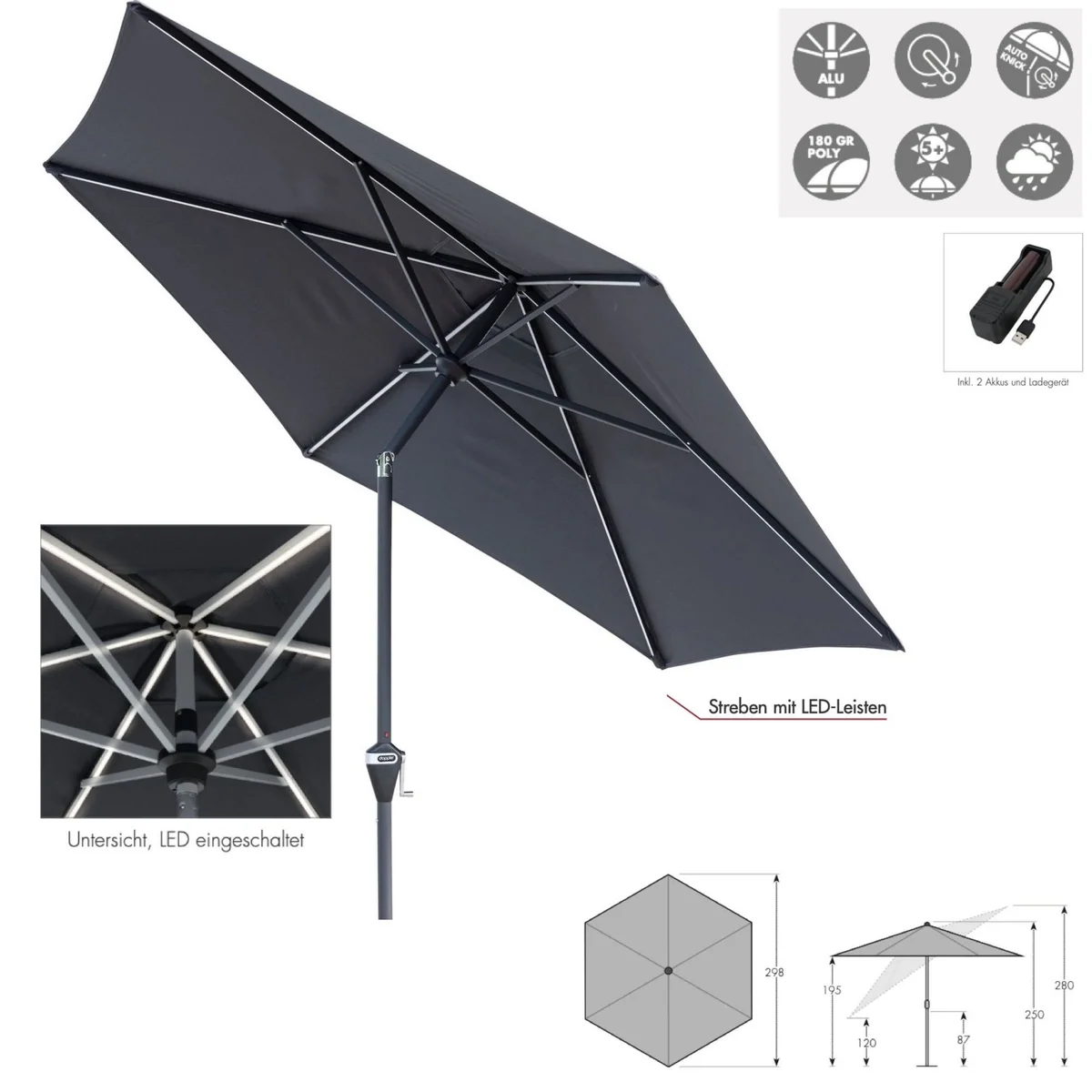 Doppler ACTIVE Auto Tilt Sonnenschirm, integrierte LED-Beleuchtung, rund 300 cm