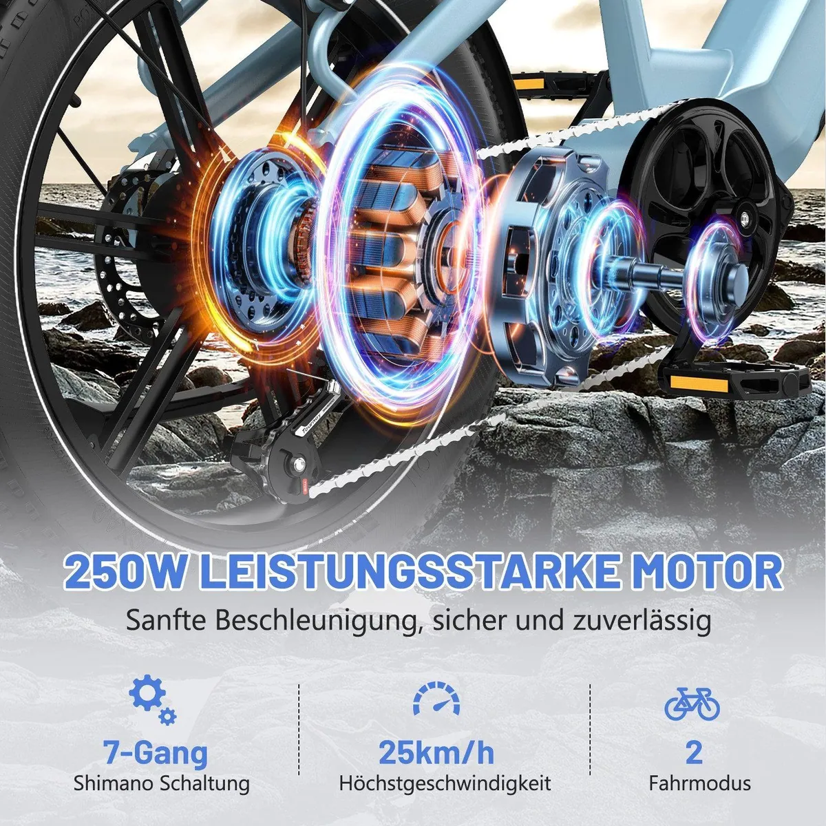 ECORUSH R6 Elektrofahrrad, 250W Motor, 120 km Reichweite, 7-Gang Shimano 2