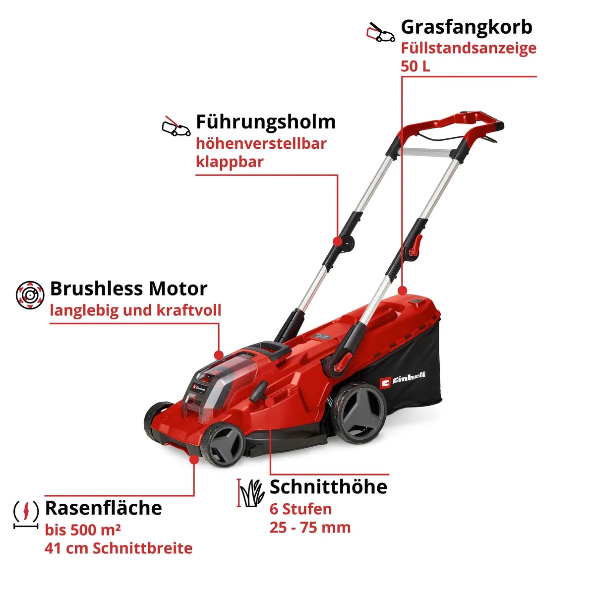 Einhell Akkurasenmäher GP-CM 36/41 Li - Solo, bürstenloser Motor, 6-stufige Schnitthöhenverstellung, klappbarer Führungsholm 3