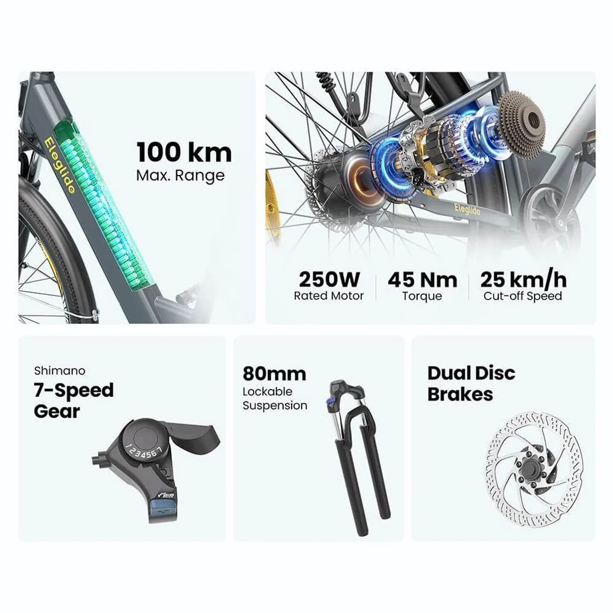 Eleglide E-Bike T1 ST, hohe Reichweite, leistungsstarker Motor, 7-Gang Shimano 3