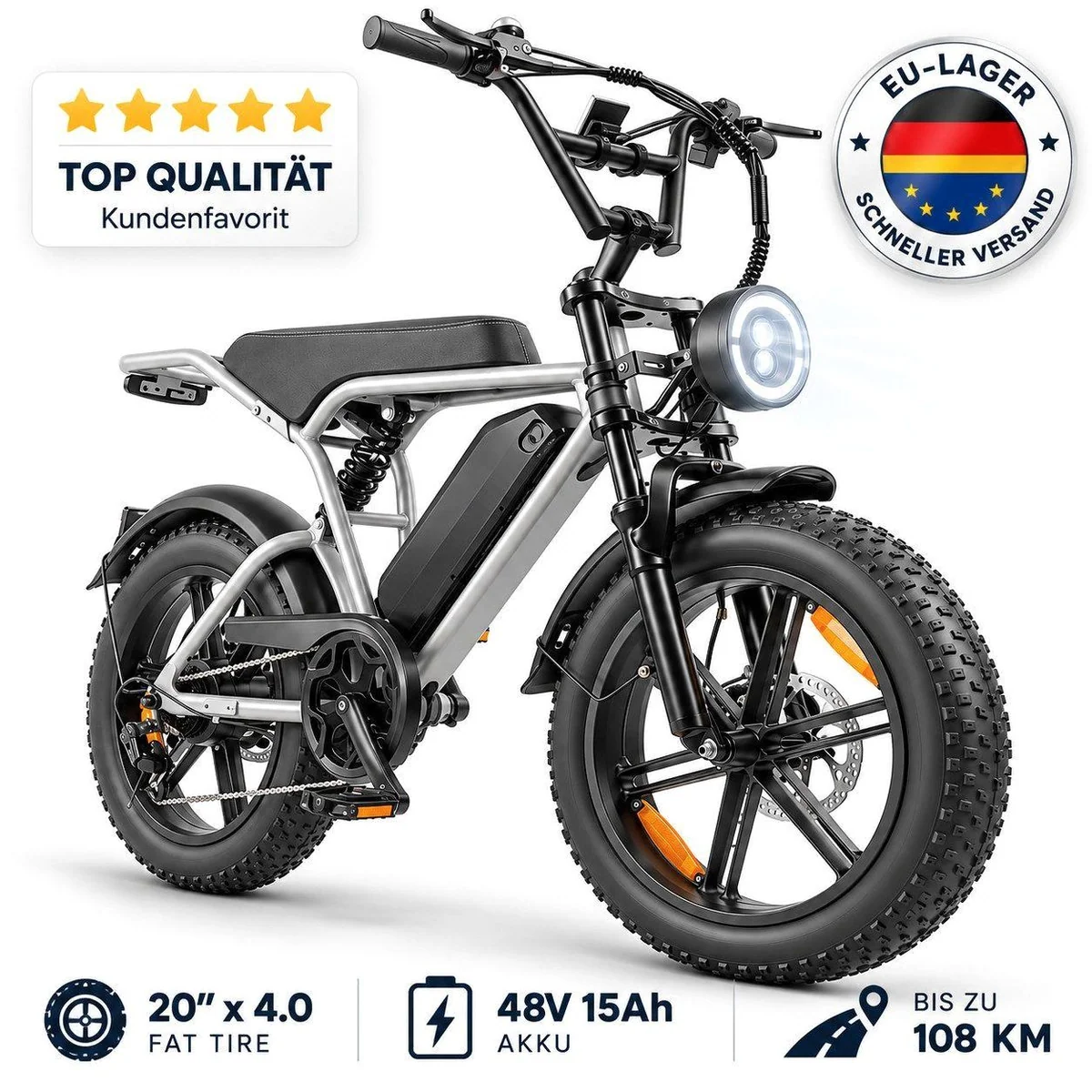 ELEKWHEELS E-Bike Fatbike 20", 48V 15Ah Akku, 250W Motor, 7 Gang Shimano