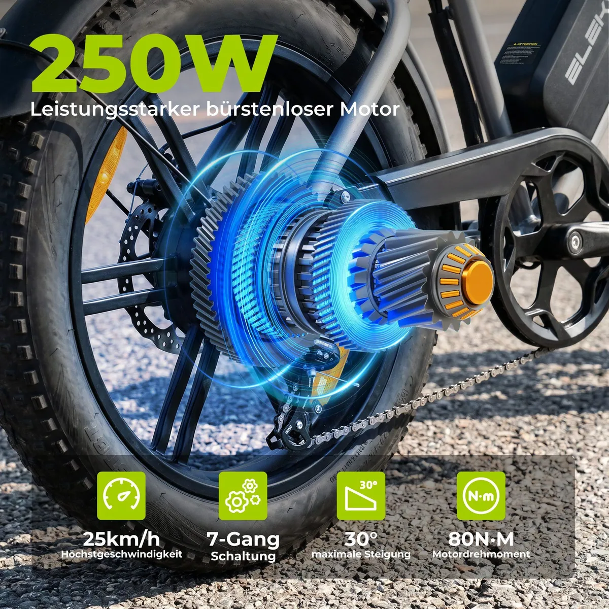 ELEKWHEELS E-Bike Fatbike 20", 48V 15Ah Akku, 250W Motor, 7 Gang Shimano 2