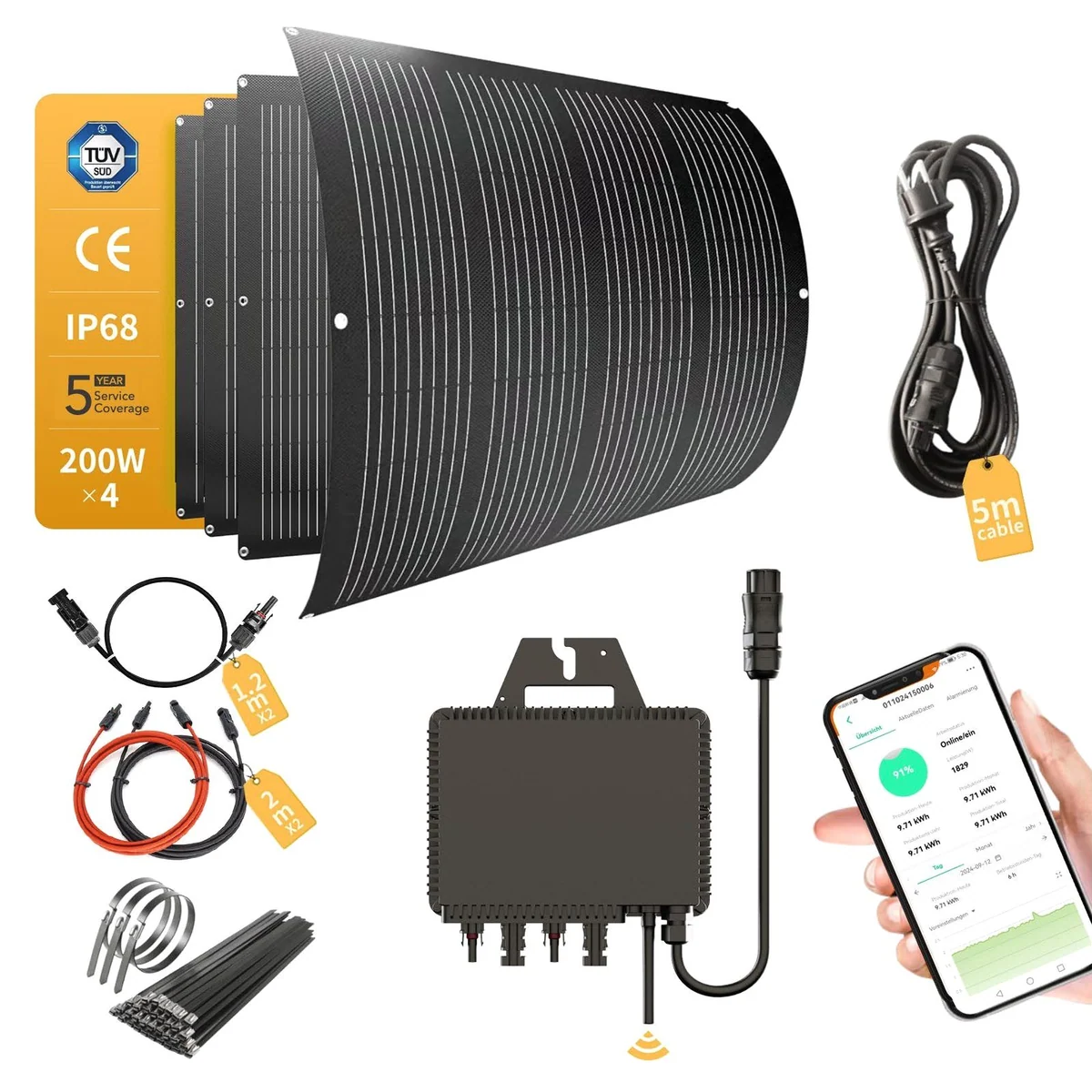 enjoy solar Balkon-PV-Anlage 800W RC MI2S-800D, 4x200W flexible Solarmodule, Plug-and-Play