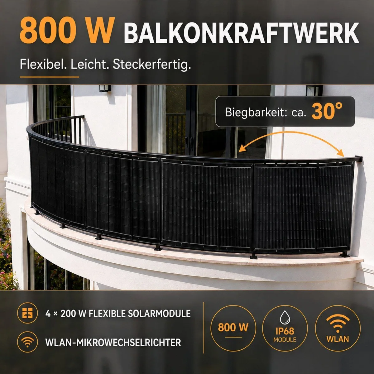 enjoy solar Balkon-PV-Anlage 800W RC MI2S-800D, 4x200W flexible Solarmodule, Plug-and-Play 3