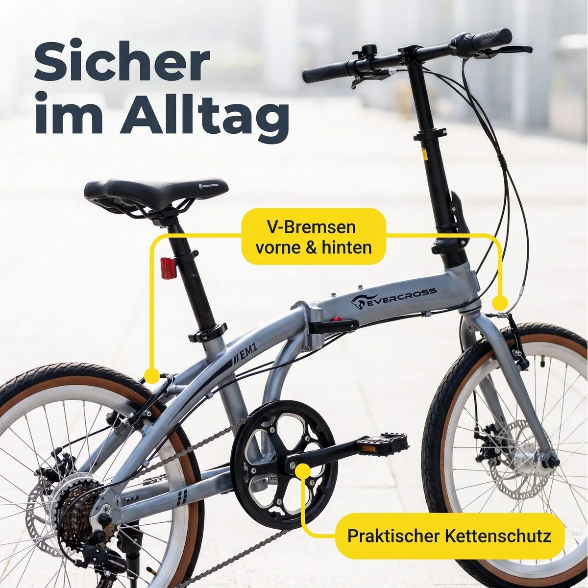 EVERCROSS TECH EM1 Faltrad, robustes Aluminium, präzise 7-Gang-Schaltung, mechanische Scheibenbremse 3