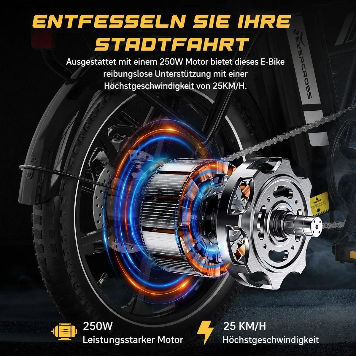 EVERCROSS TECH EK5 E-Bike, 250W Motor, 60 km Reichweite, faltbar 3