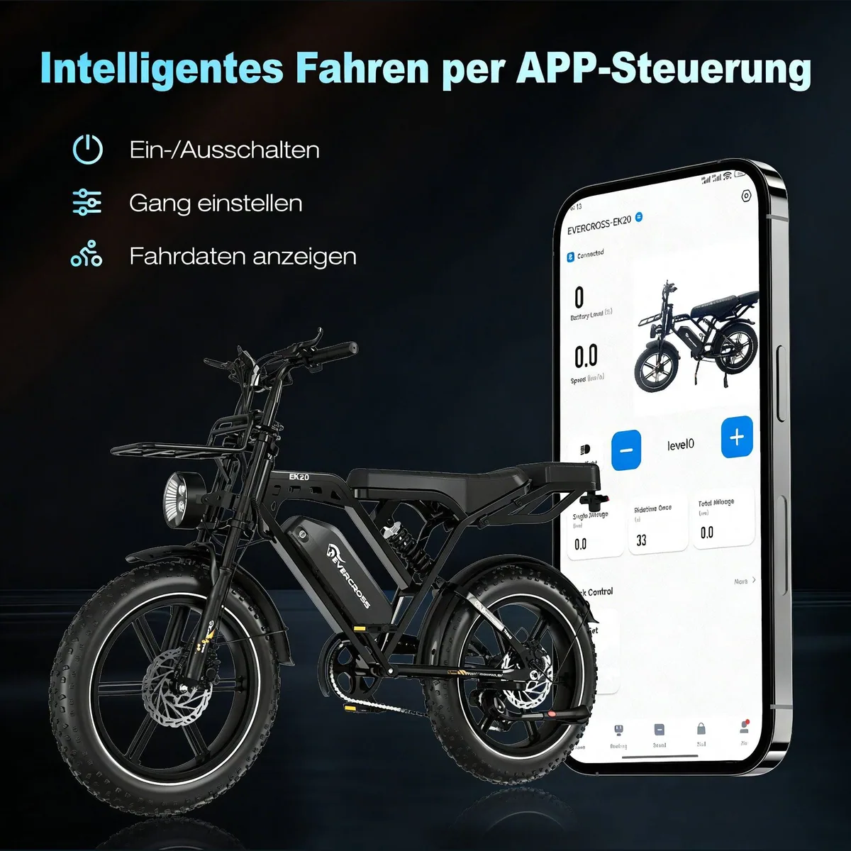 EVERCROSS TECH EK20 E-Bike, 20" fette Reifen, 100 km Reichweite, 7-Gang Shimano 3