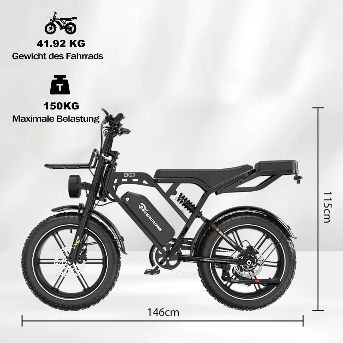 EVERCROSS TECH EK20 E-Bike, 20" fette Reifen, 100 km Reichweite, 7-Gang Shimano 4