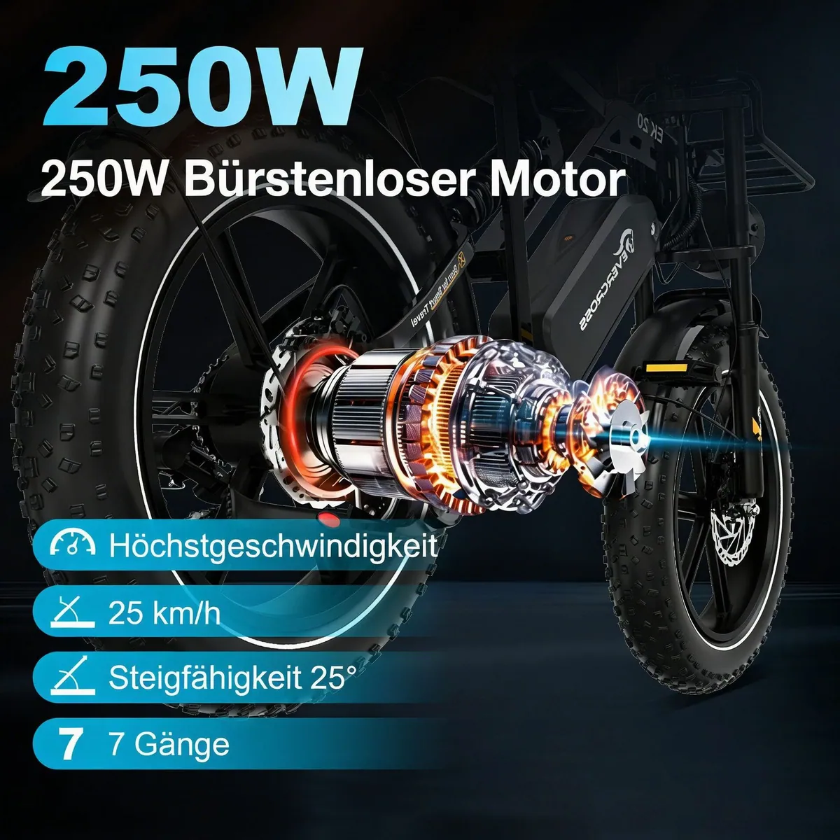 EVERCROSS TECH EK20 E-Bike, 20" fette Reifen, 100 km Reichweite, 7-Gang Shimano 5