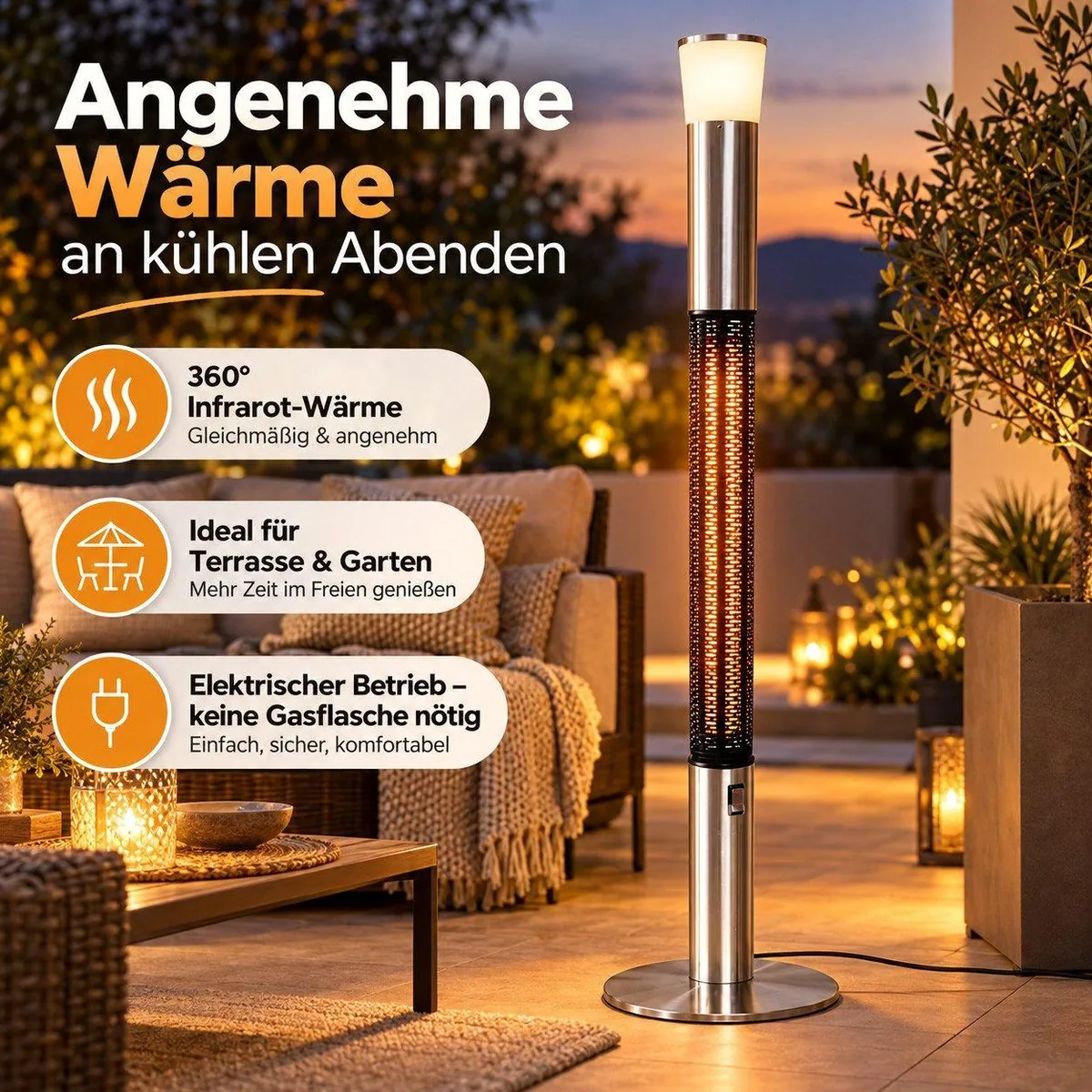 EWT Clima 801 LS Terrassenheizstrahler, 1500 W, 360° Wärmeabstrahlung, integrierte LED-Beleuchtung 2