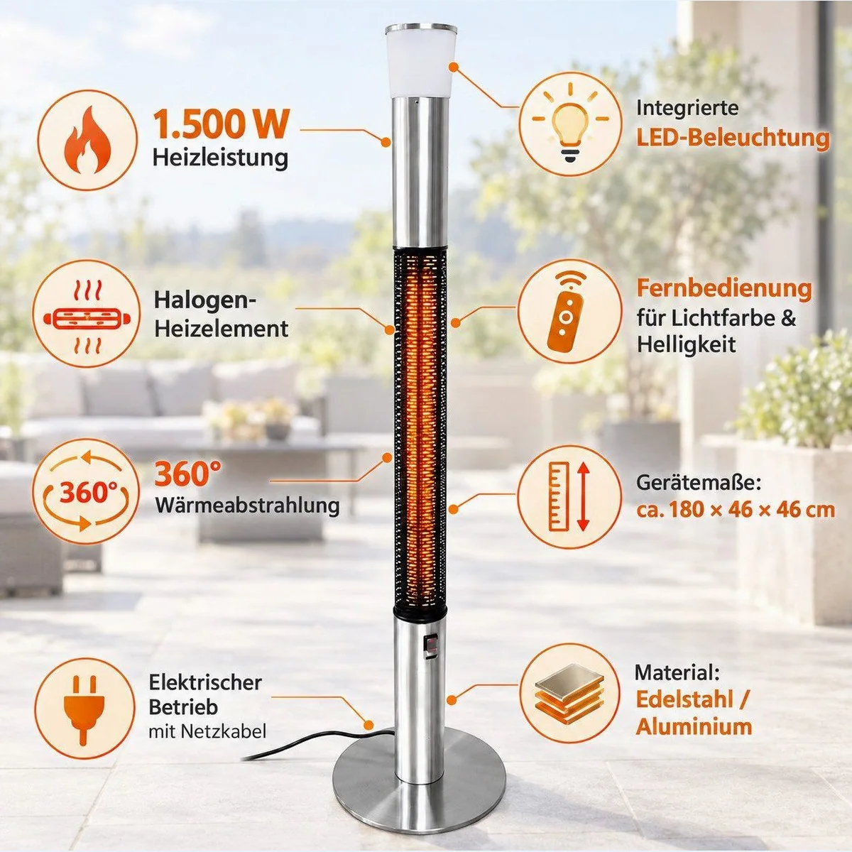 EWT Clima 801 LS Terrassenheizstrahler, 1500 W, 360° Wärmeabstrahlung, integrierte LED-Beleuchtung 4