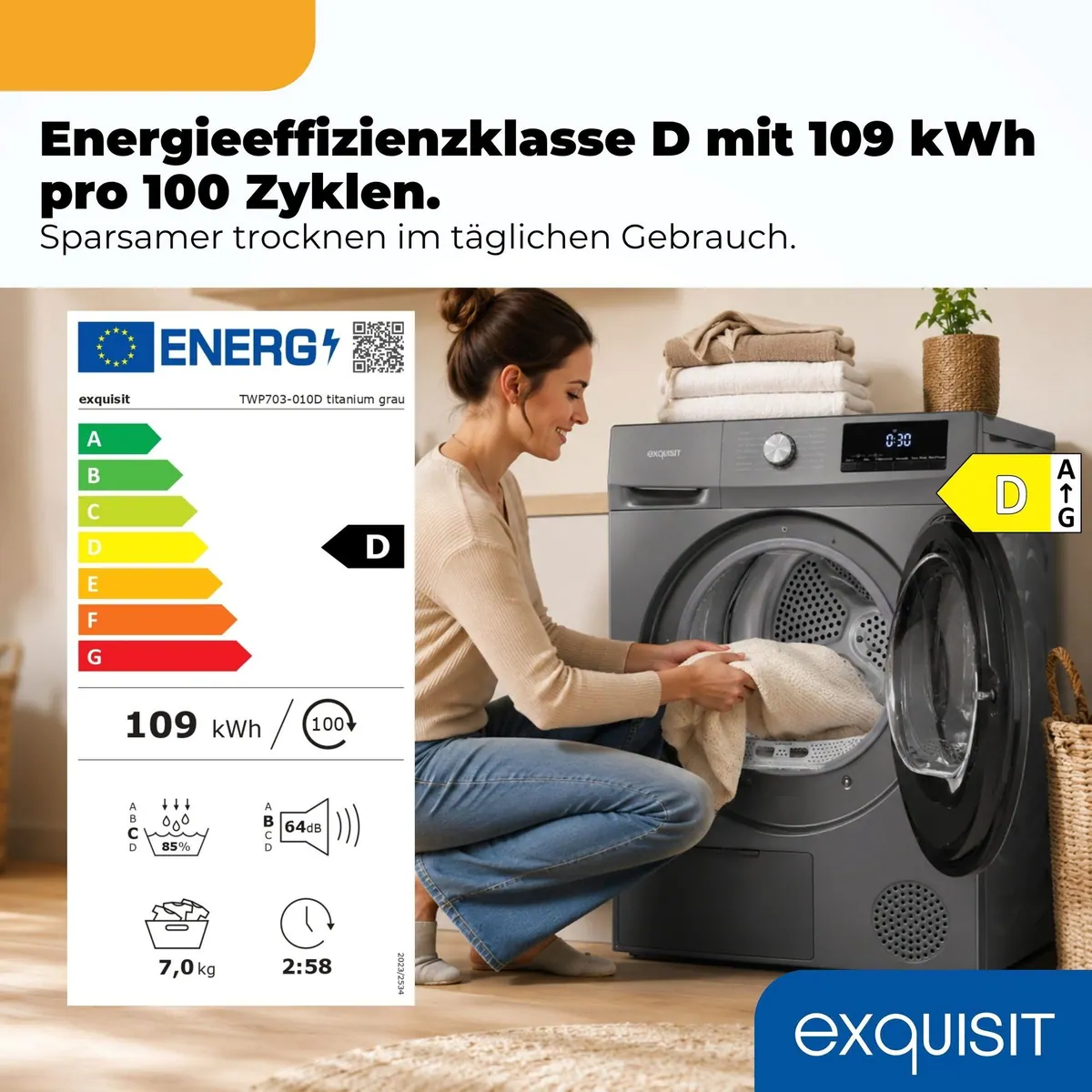 Exquisit TWP703-010D Wärmepumpentrockner, energieeffizient, 7 kg Fassungsvermögen, kompakte Maße 3