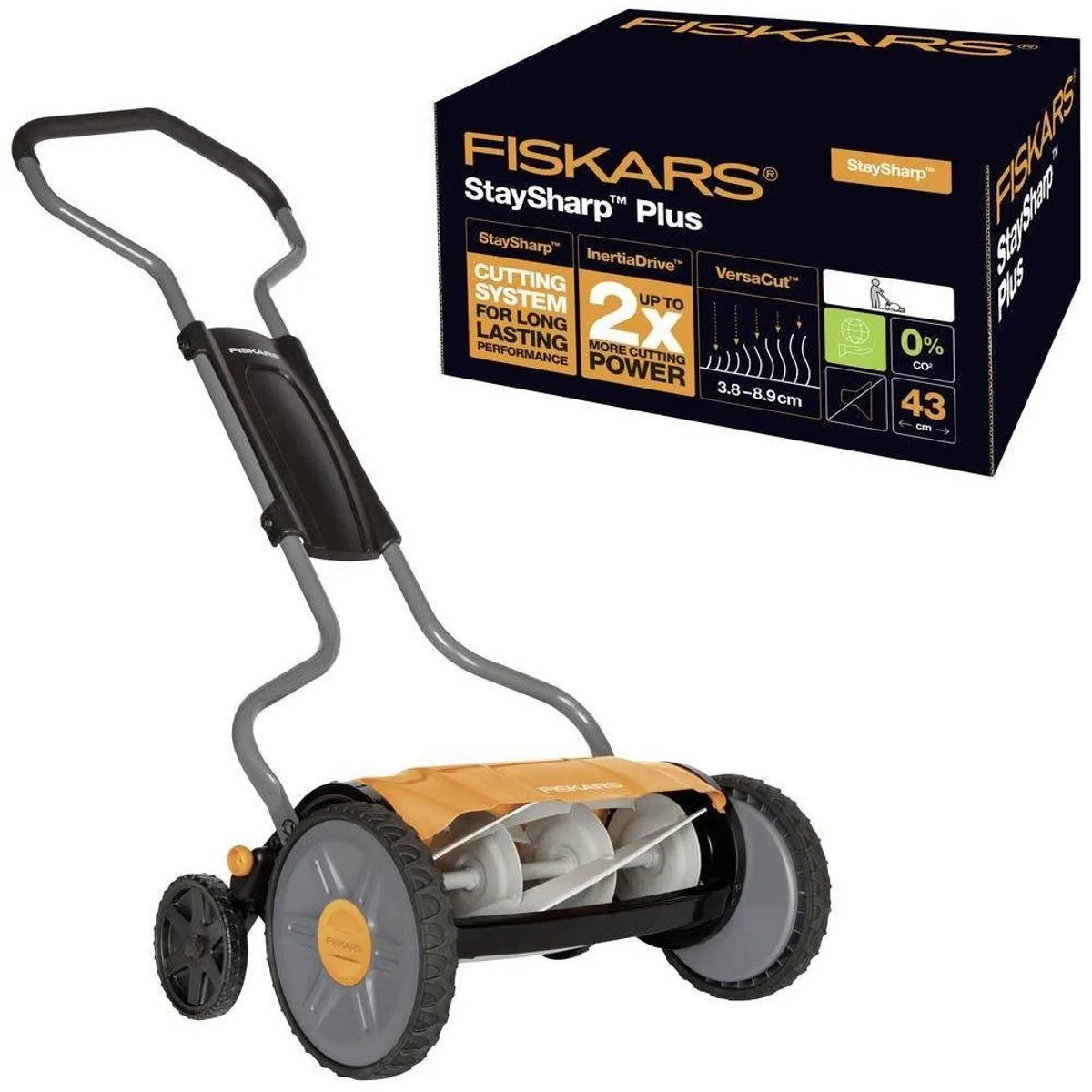 Fiskars Spindelmäher Plus, ergonomischer Griff, schnitthöhenverstellbar — 43 cm Schnittbreite