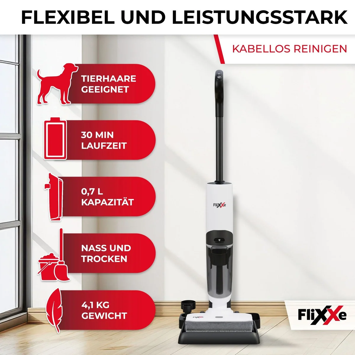 FliXXe 2X2 Squizzle Nass-Trocken-Sauger, kabellos, Kantenreinigung, 150 W 2