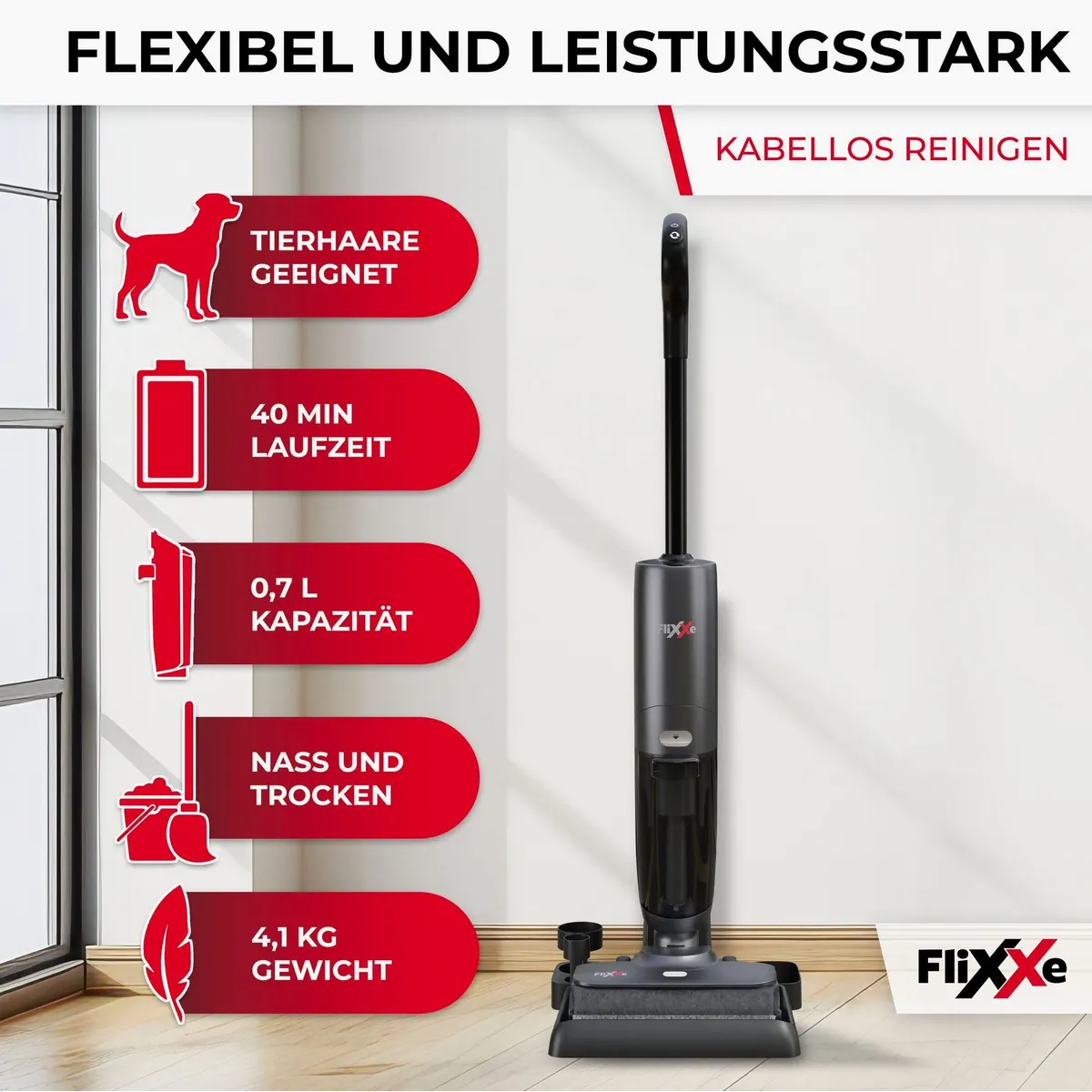 FliXXe X3 Premium Nass-Trocken-Sauger, kabellos, 200 W, Kantenreinigung 2