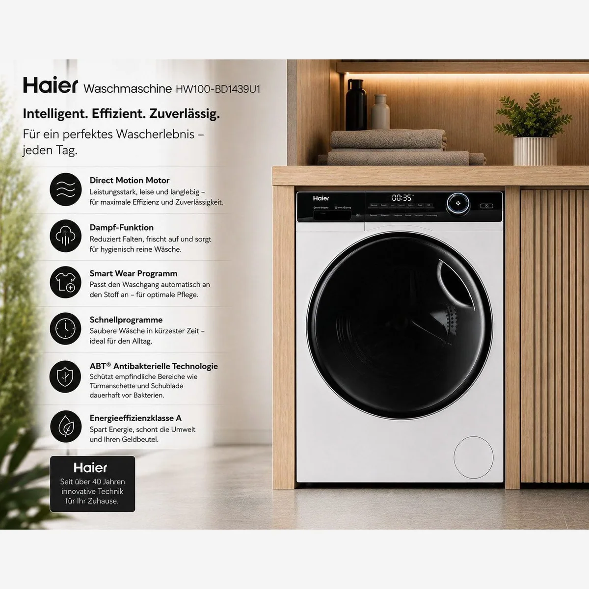 Haier I-Pro Serie 5 HW90-BP14939-DE, 9 kg, 1400 U/min, leiser Betrieb, smarte Steuerung 2
