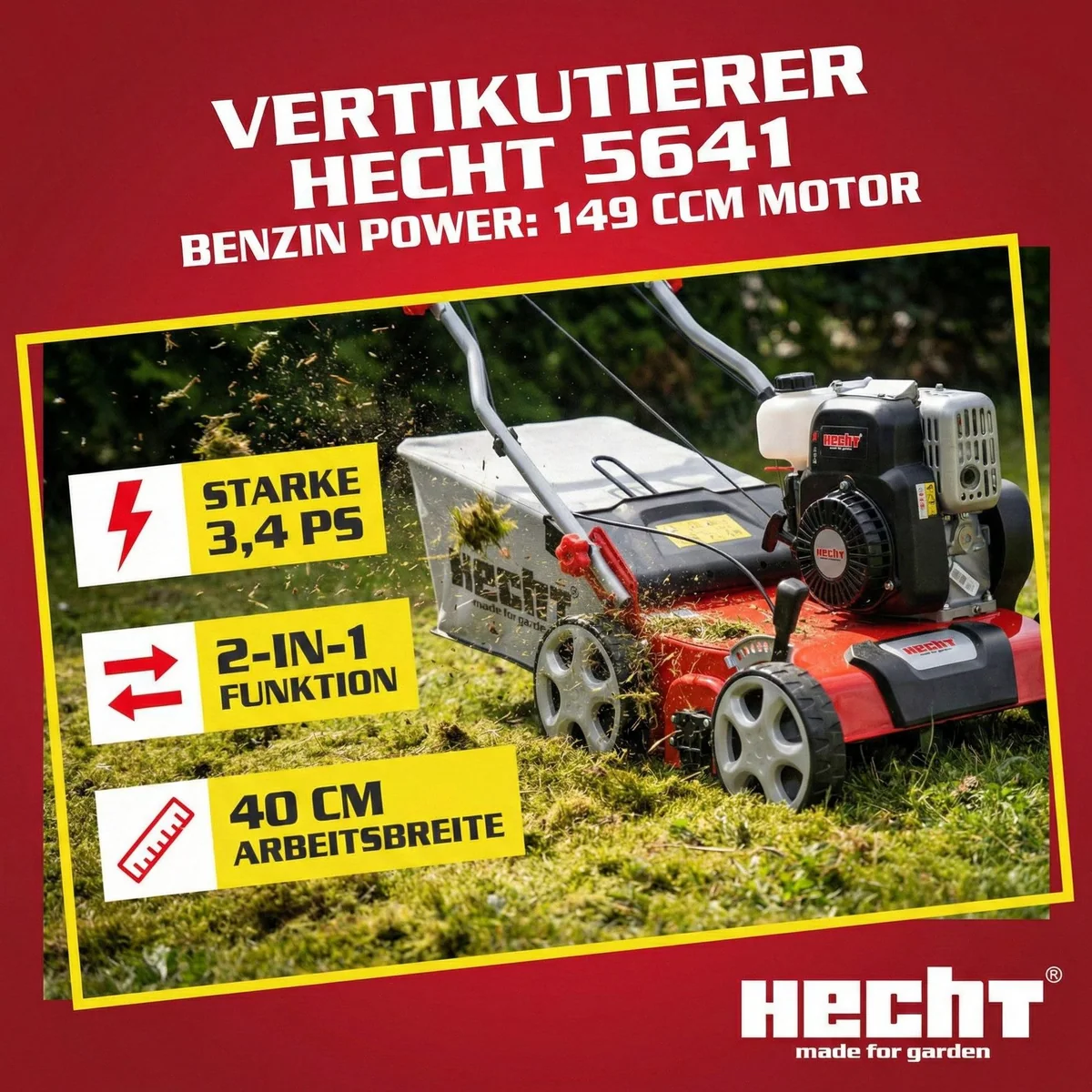 Hecht 5641 Benzin-Vertikutierer, 2in1, 40 cm Arbeitsbreite, 149 cm³ Motor 3