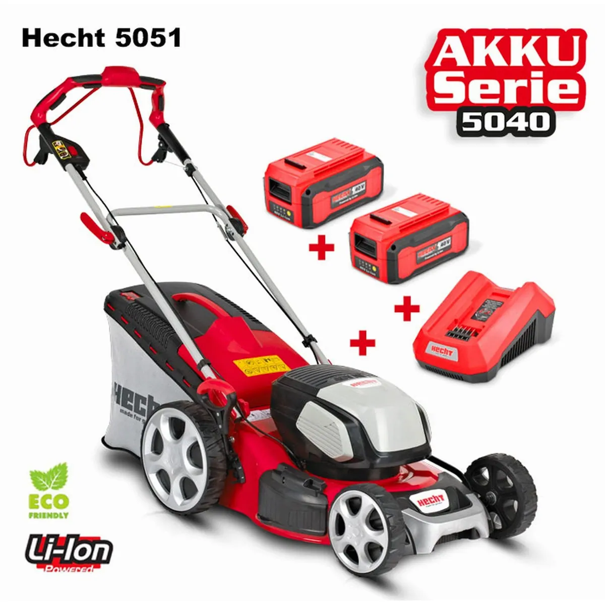 Hecht 5051 S Akku-Rasenmäher, 5-in-1 Funktionen, 51 cm Schnittbreite, 2 x 40 V — leistungsstark und vielseitig