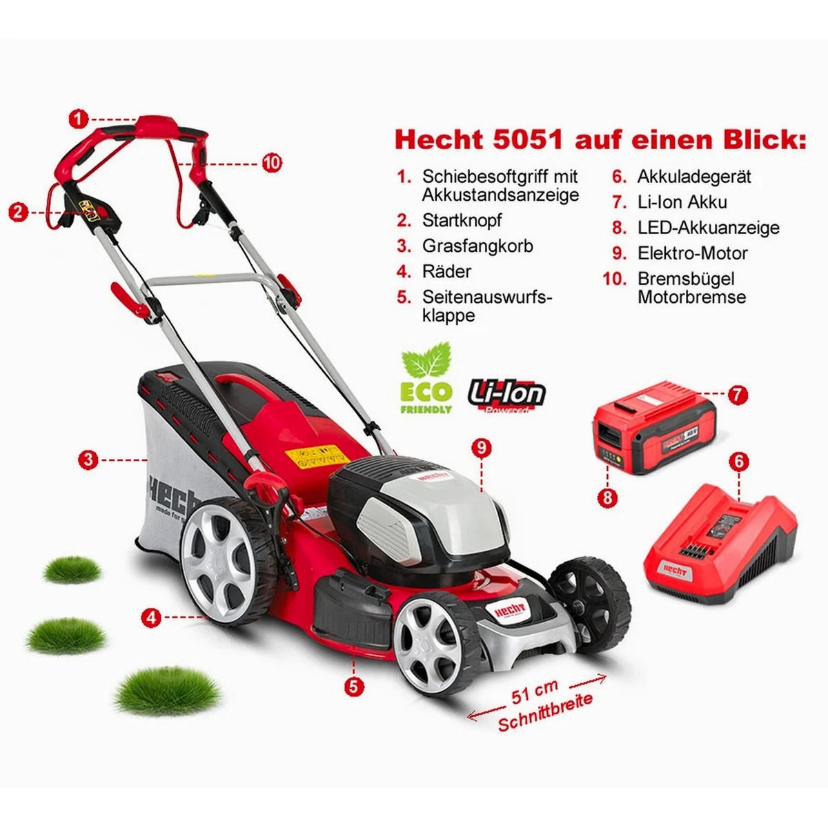 Hecht 5051 S Akku-Rasenmäher, 5-in-1 Funktionen, 51 cm Schnittbreite, 2 x 40 V — leistungsstark und vielseitig 2
