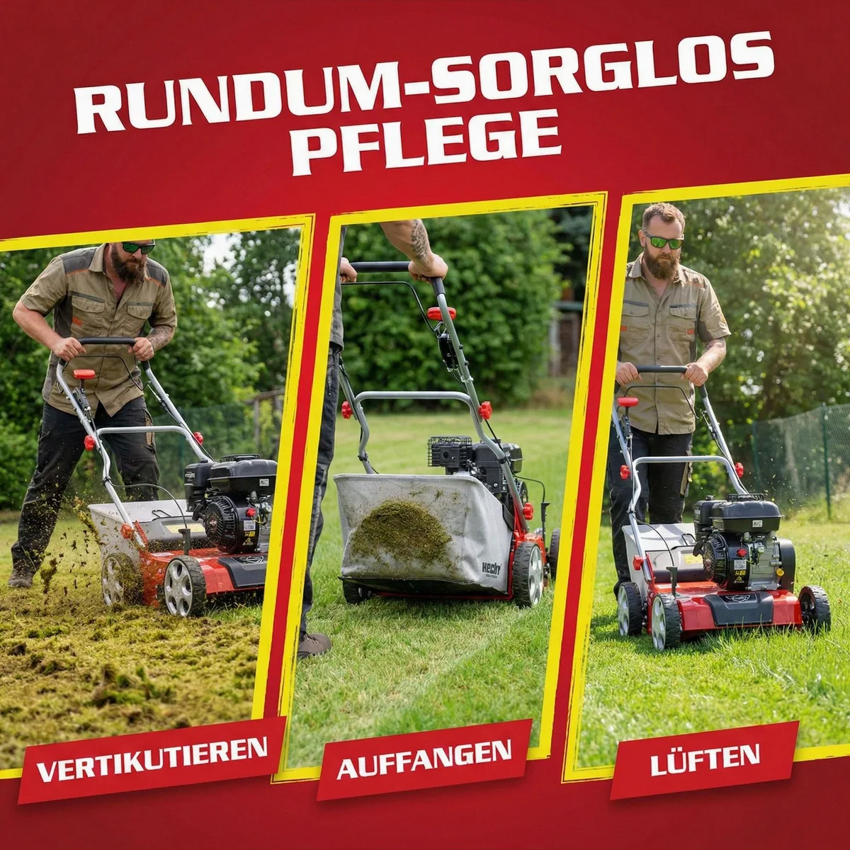 Hecht 5676 Benzin-Vertikutierer, 40 cm Arbeitsbreite, 5,7 PS — 2in1 Vertikutieren & Lüften 2