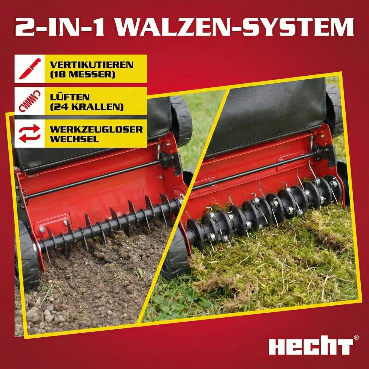 Hecht 5676 Benzin-Vertikutierer, 40 cm Arbeitsbreite, 5,7 PS — 2in1 Vertikutieren & Lüften 3