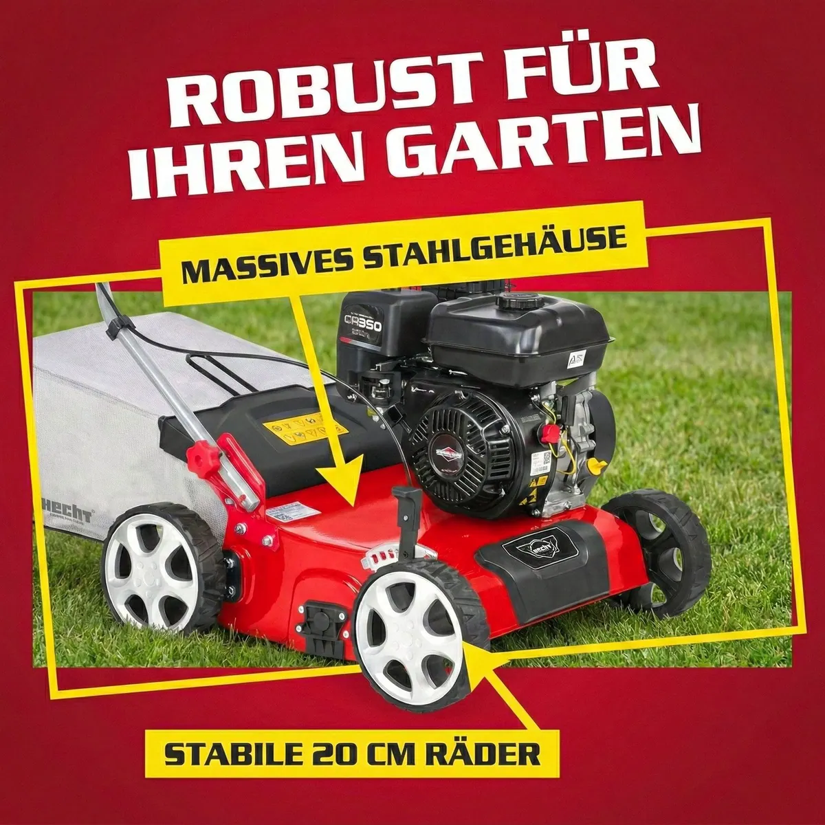 Hecht 5676 Benzin-Vertikutierer, 40 cm Arbeitsbreite, 5,7 PS — 2in1 Vertikutieren & Lüften 5