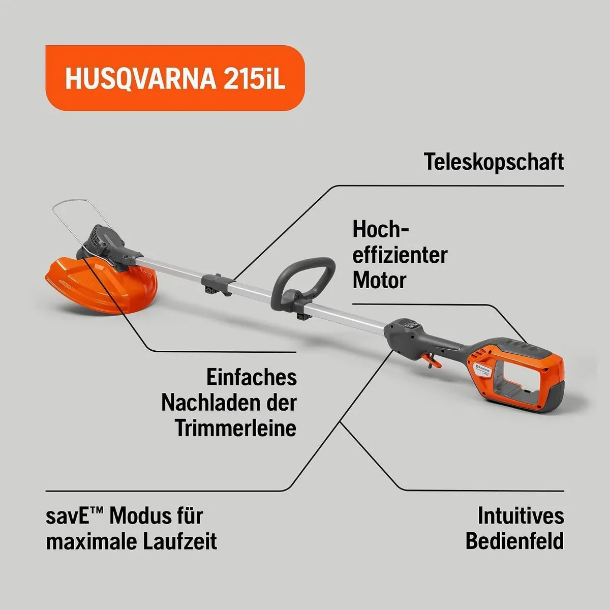 Husqvarna 215iL Akku-Rasentrimmer Set, inkl. 40-B70 Akku & 40-C80 Ladegerät, leise & leistungsstark 3