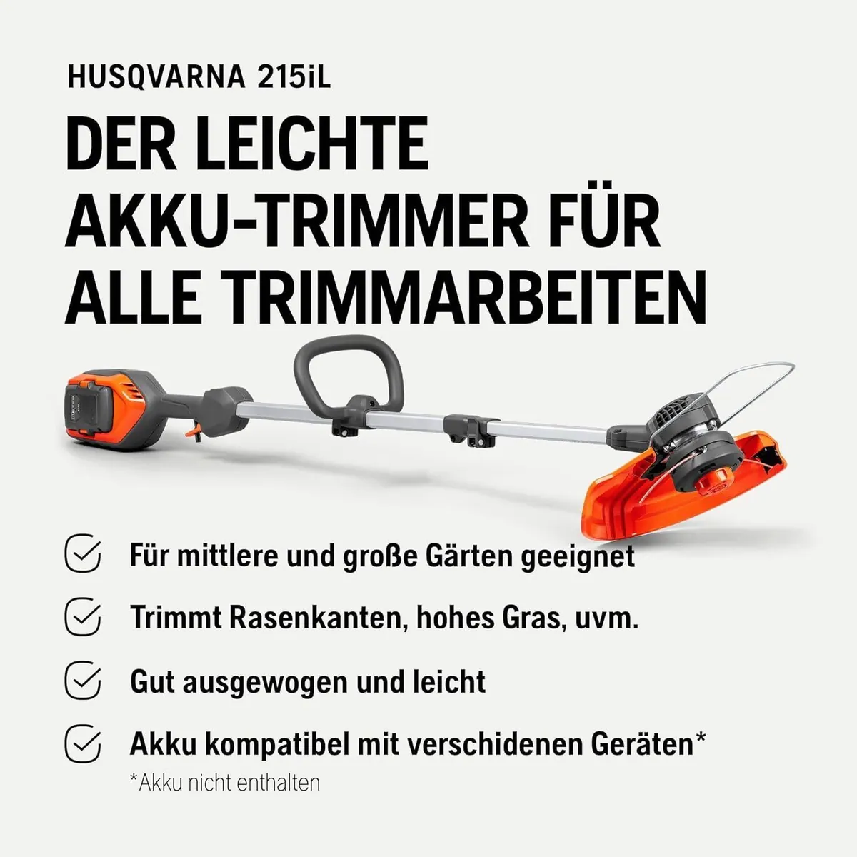 Husqvarna 215iL Akku-Rasentrimmer Set, inkl. 40-B70 Akku & 40-C80 Ladegerät, leise & leistungsstark 4