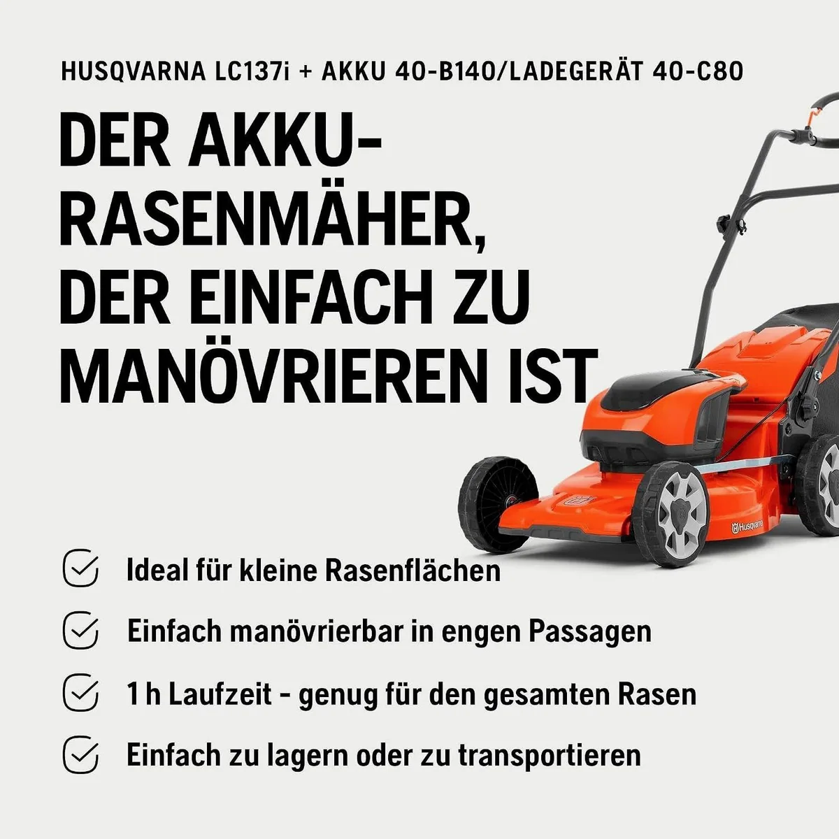 Husqvarna LC 137i Akkurasenmäher, kompakt und leicht, ideal für kleine Gärten bis 300 m² 4
