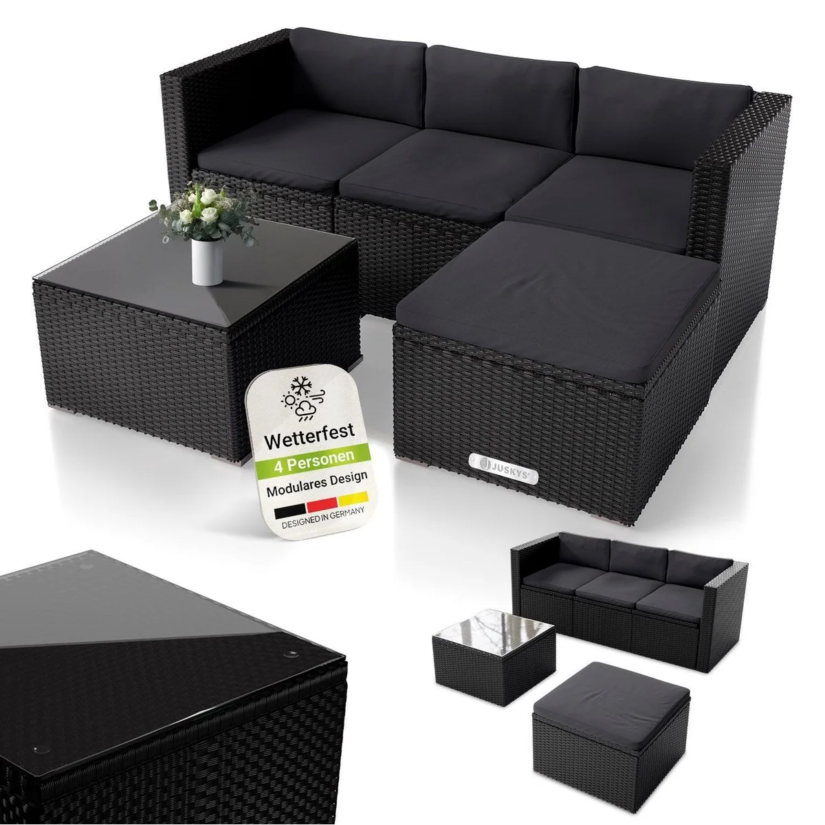 Juskys Gartenlounge-Set Punta Cana, Polyrattan, inkl. Tisch, Sofa und Hocker