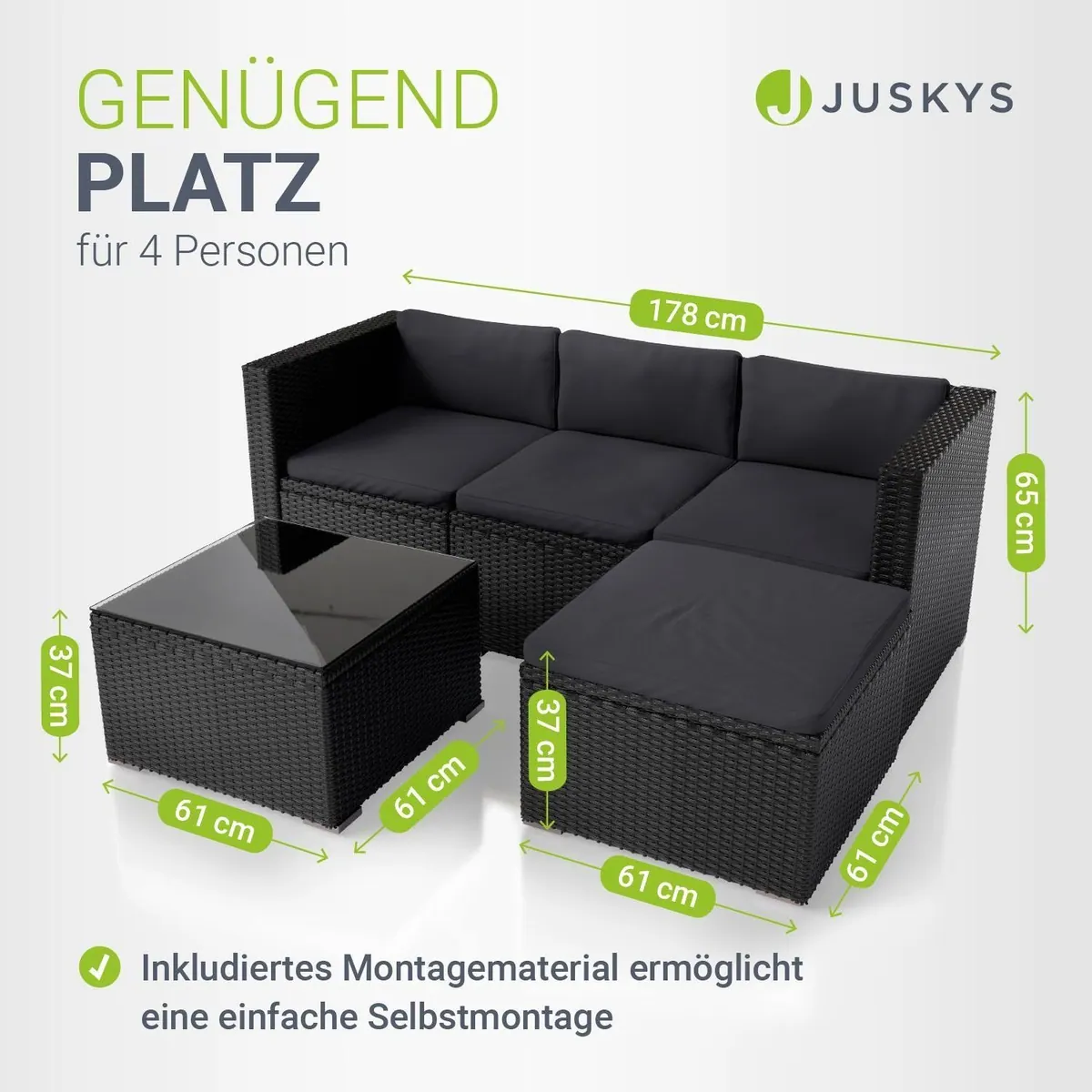 Juskys Gartenlounge-Set Punta Cana, Polyrattan, inkl. Tisch, Sofa und Hocker 3