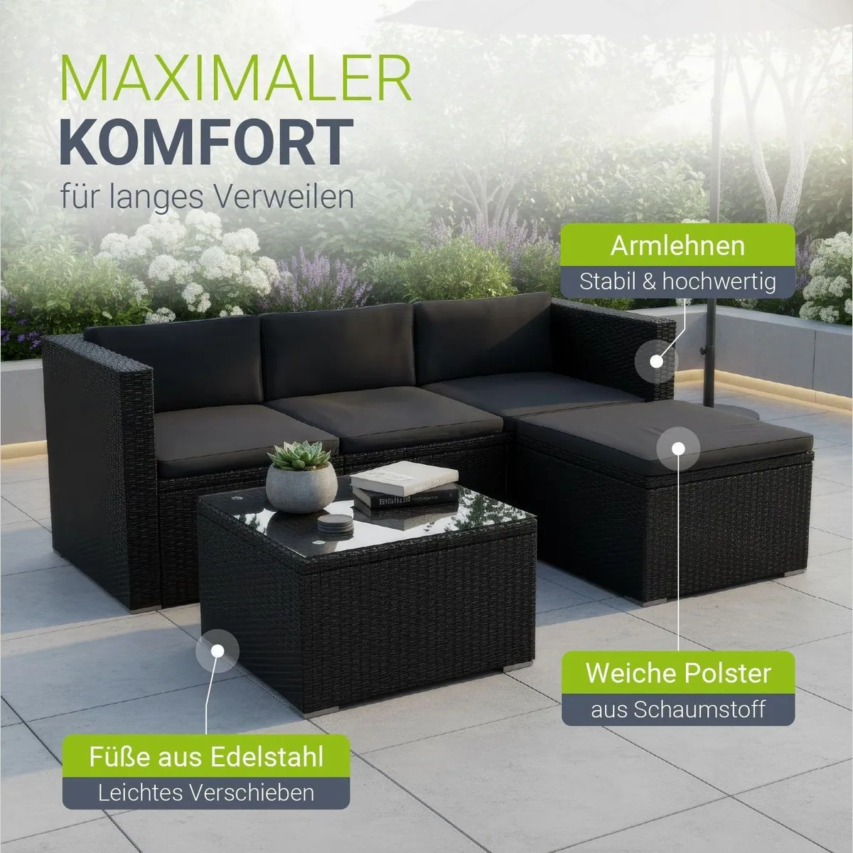 Juskys Gartenlounge-Set Punta Cana, Polyrattan, inkl. Tisch, Sofa und Hocker 4