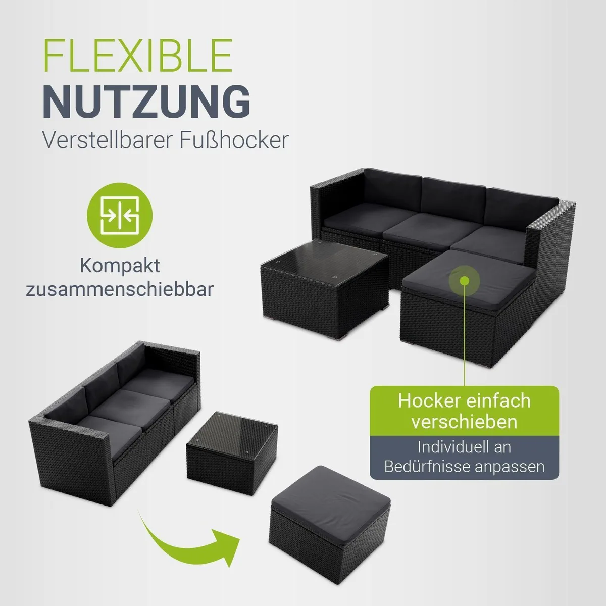 Juskys Gartenlounge-Set Punta Cana, Polyrattan, inkl. Tisch, Sofa und Hocker 5