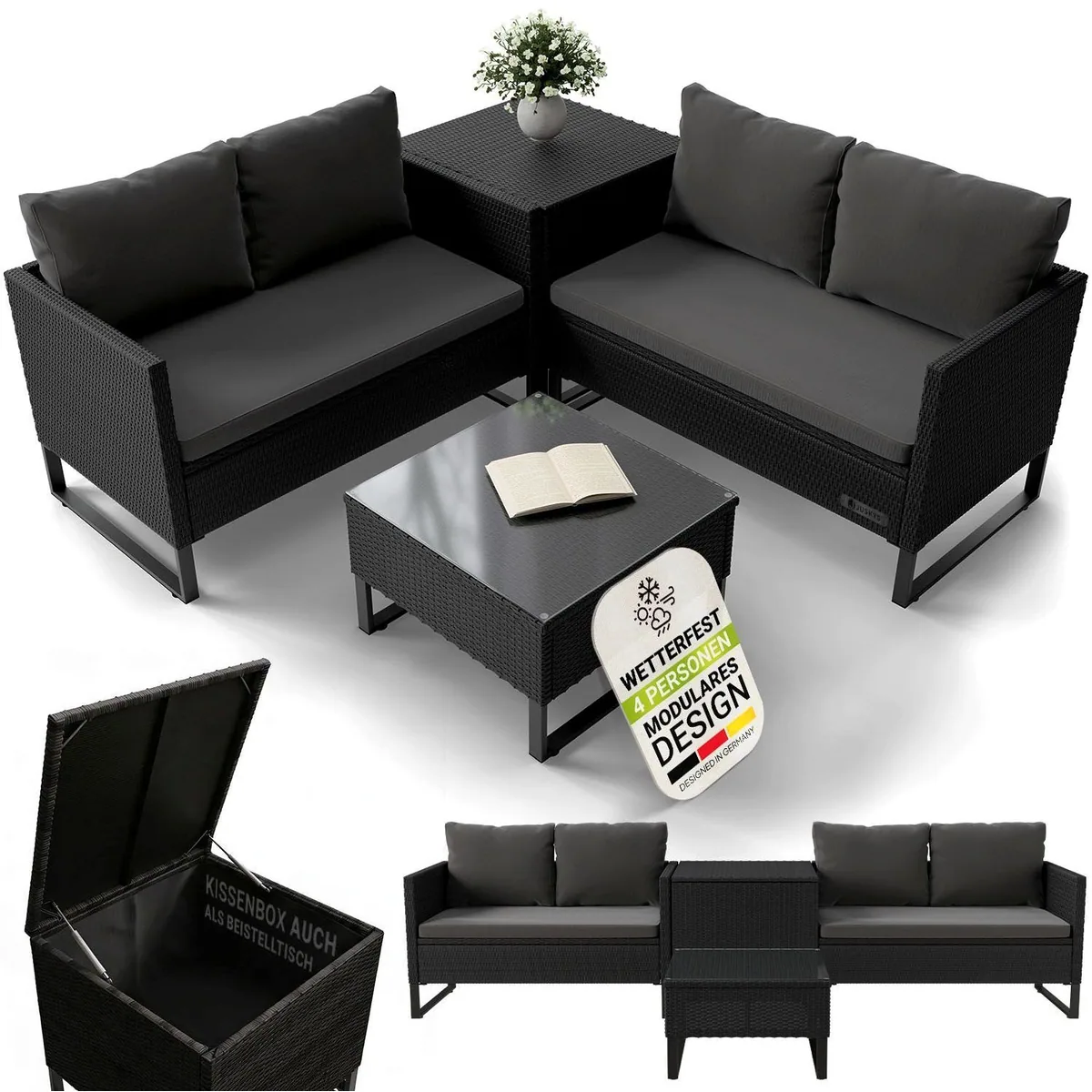 Juskys Gartenlounge-Set Santorini, wetterfest, modular, inklusive Auflagenbox