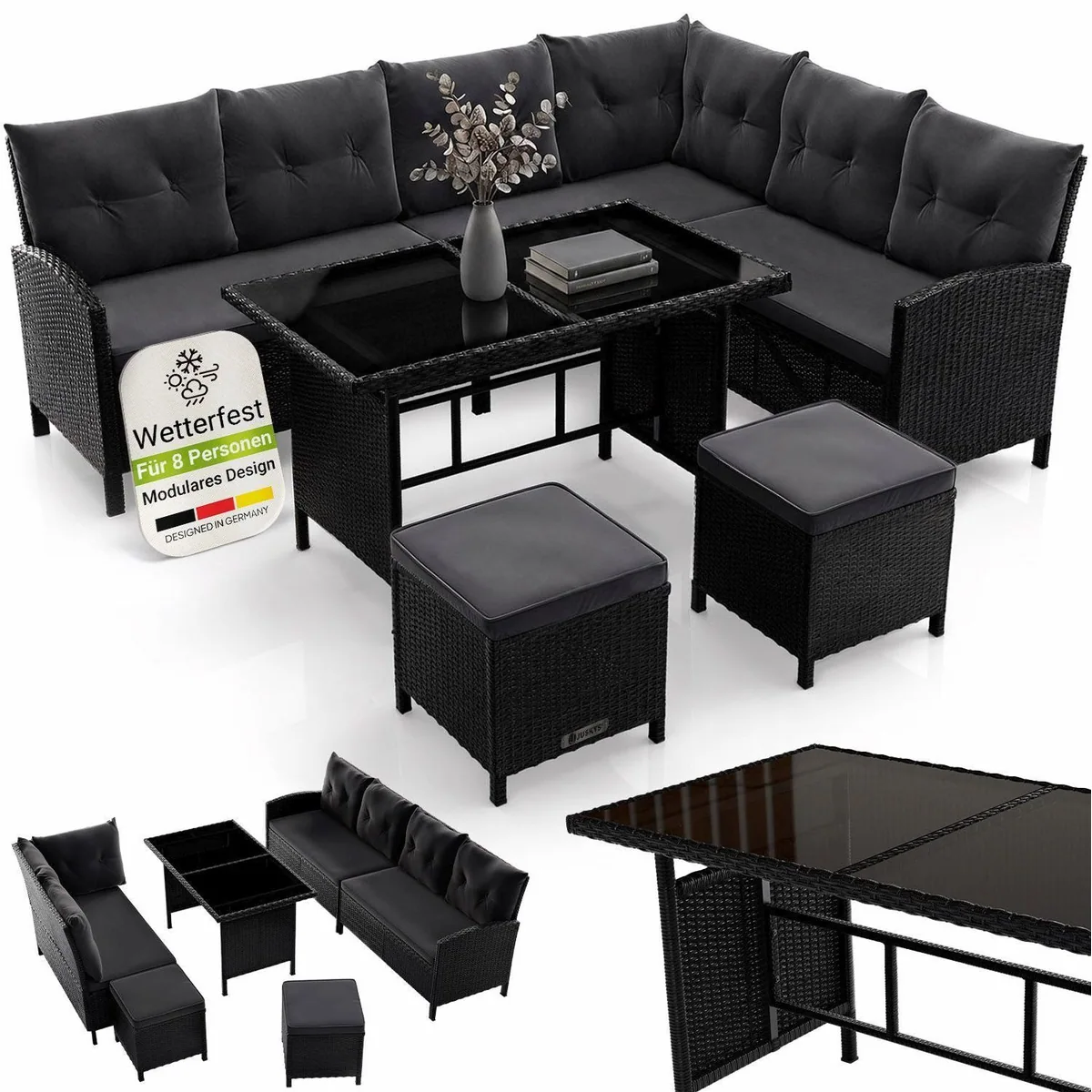 Juskys Manacor Gartenlounge-Set, modernes Polyrattan, für bis zu 8 Personen