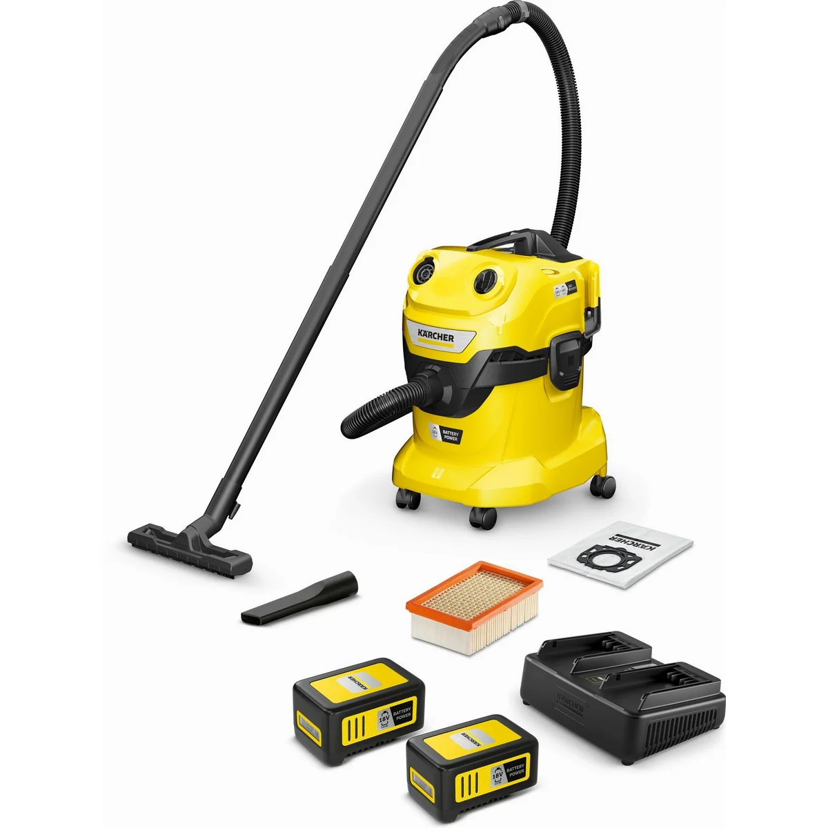 Kärcher WD 4-18 Dual Battery Set, leistungsstarker 36-V-Motor, 20 l Kunststoffbehälter, inkl. 2 Akkus