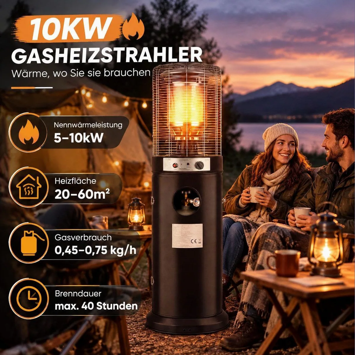 Ledklang Gasheizstrahler, stufenlose Wärme von 5–10 kW, Flammabschaltung, für Garten und Camping 2