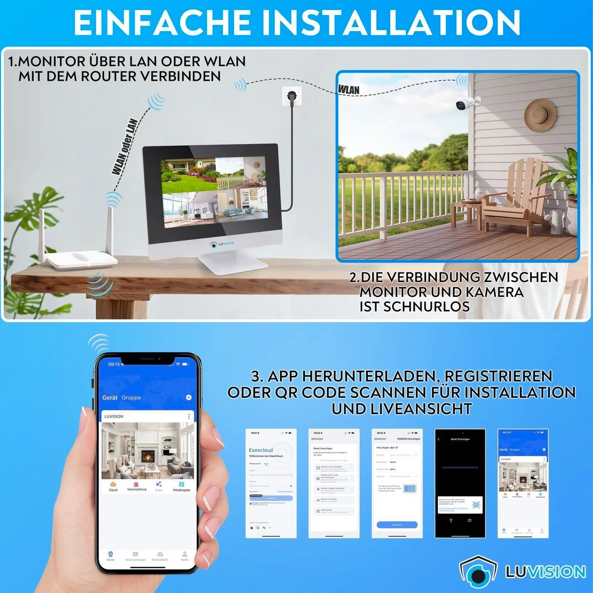 LUVISION Überwachungskamera Set, 10,1" Monitor, KI Personenerkennung, bis zu 8 Kameras 3