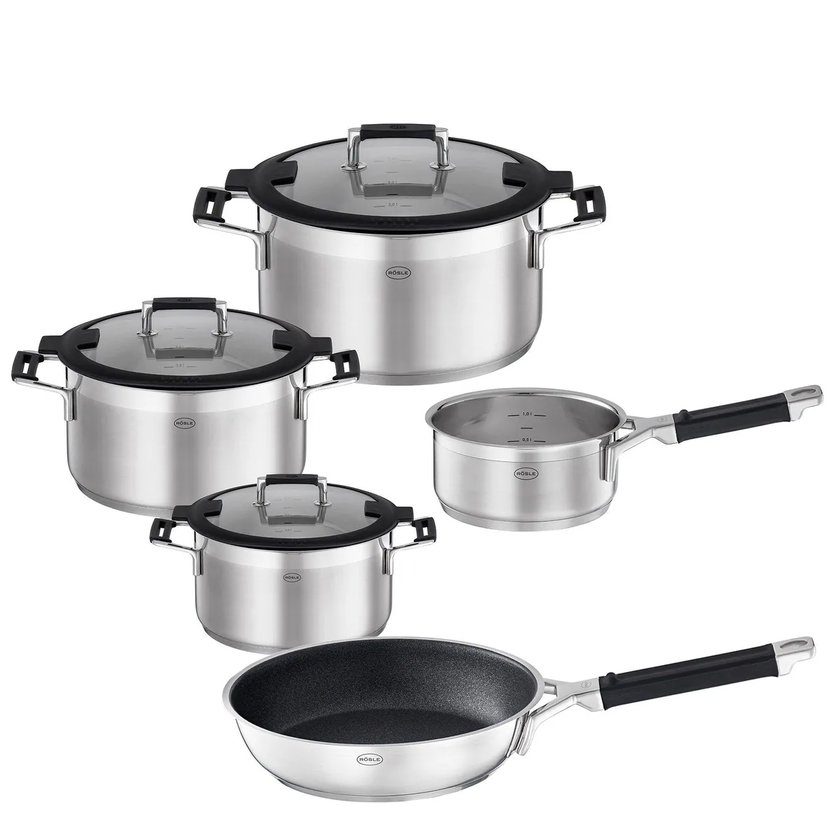 Rösle Silence Pro Topfset 5tlg., Edelstahl, inklusive Bratpfanne und innovativem Deckel