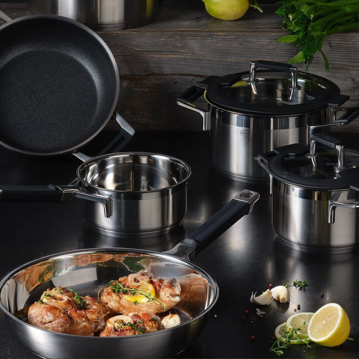 Rösle Silence Pro Topfset 5tlg., Edelstahl, inklusive Bratpfanne und innovativem Deckel 2