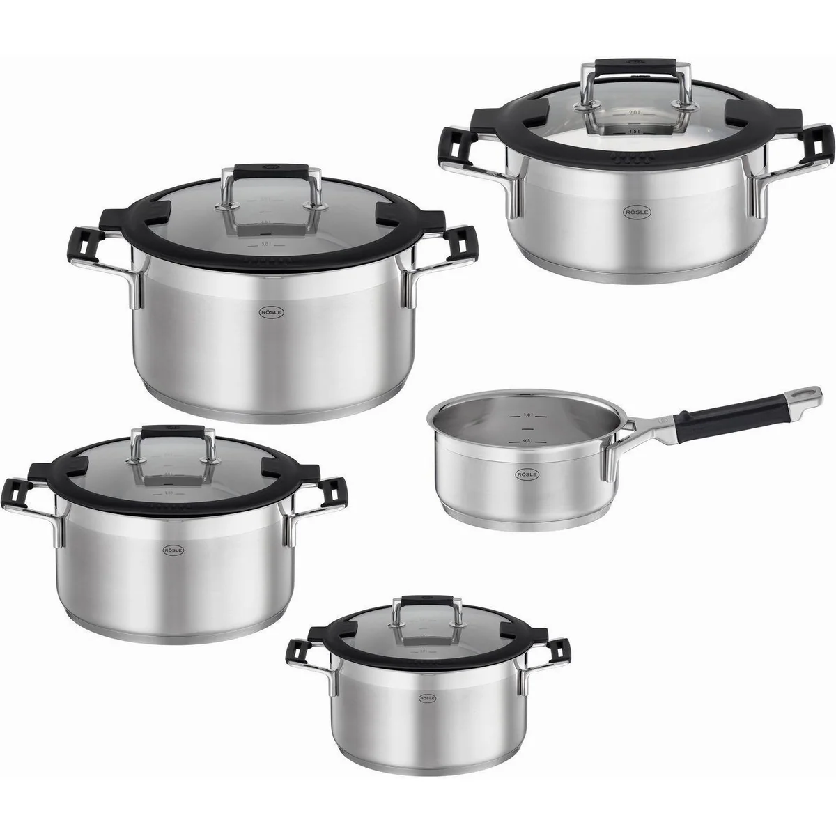 Rösle SILENCE PRO Topf-Set, 5-teilig, Edelstahl 18/10 — Kochen ohne Klappern, Innenskalierung, spülmaschinengeeignet